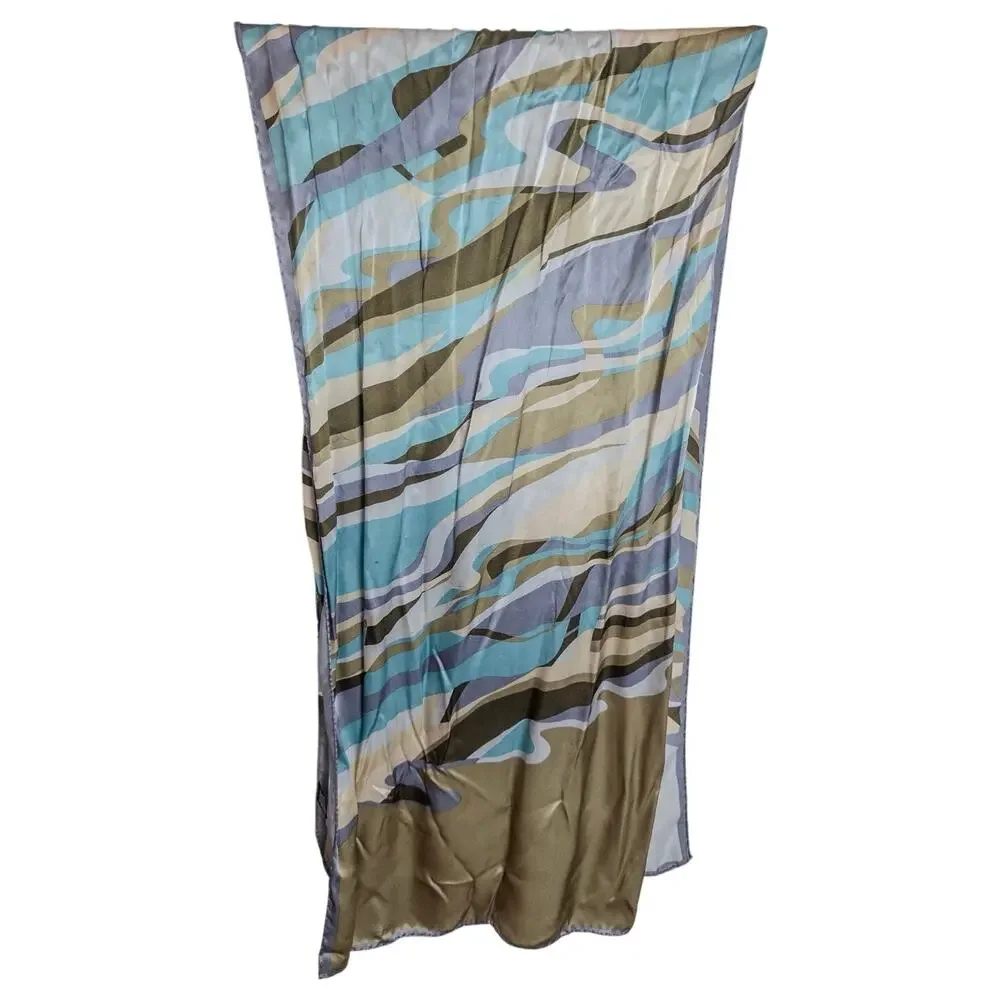 Vintage Made In Italy 100% Silk Abstract Wave Print Scarf Blue Green